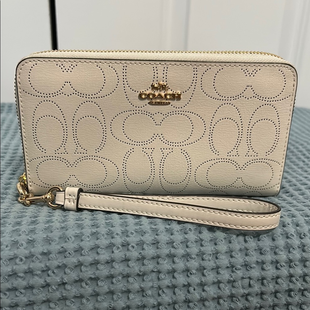 Coach Beige Wristlet Wallet with Gold Accents